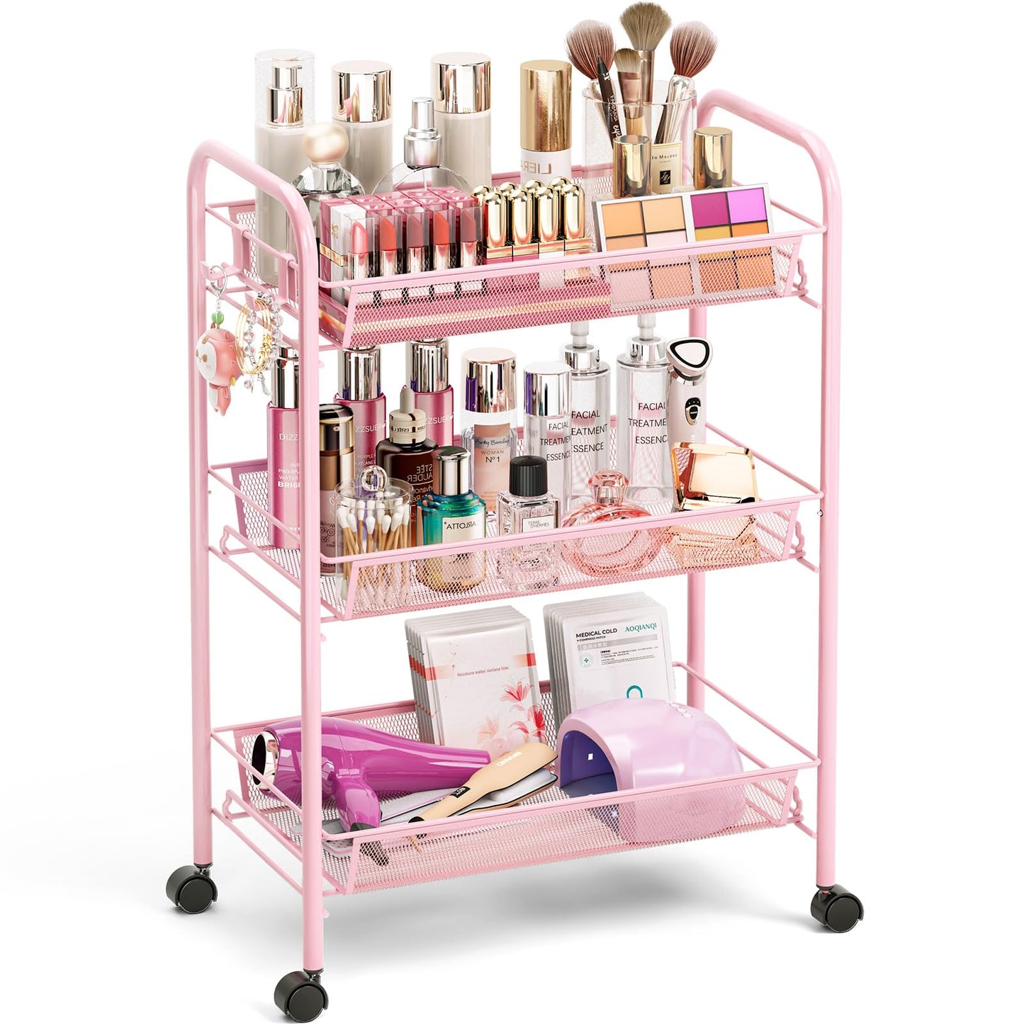 TOOLF 3 Tier Rolling Cart Pink - Metal Storage Organizer with Wheels, 33 lbs Shelf Capacity, Easy 5-Min Assembly, for Girls Room Bathroom Kitchen Office Nursery, Compact Design for Small Spaces, Pink