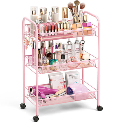 TOOLF 3 Tier Rolling Cart Pink - Metal Storage Organizer with Wheels, 33 lbs Shelf Capacity, Easy 5-Min Assembly, for Girls Room Bathroom Kitchen Office Nursery, Compact Design for Small Spaces, Pink