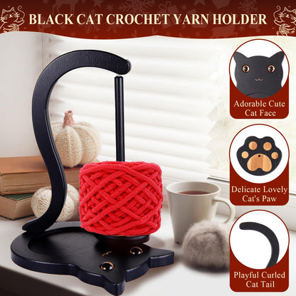 Black Cat Yarn Holder for Crocheting, Wooden Crochet Yarn Holder Magnetic Yarn Spinner with Accessories Storage Anti-Slip Pads,Yarn Ball Holder Crochet Gift for Knitting Lovers with Gift Box Packaging