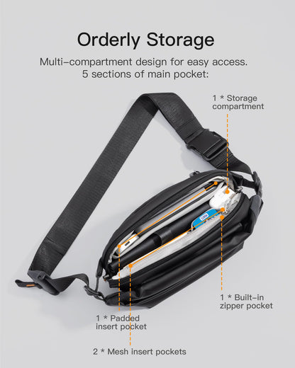 Inateck Sling Bag X, Multi-pocket Crossbody Shoulder Chest Bag with Adjustable Shoulder Strap, Water-resistant Waist Fanny Pack for Men, Women, Travel, Daily Use, Cycling, Hiking, Black, Large