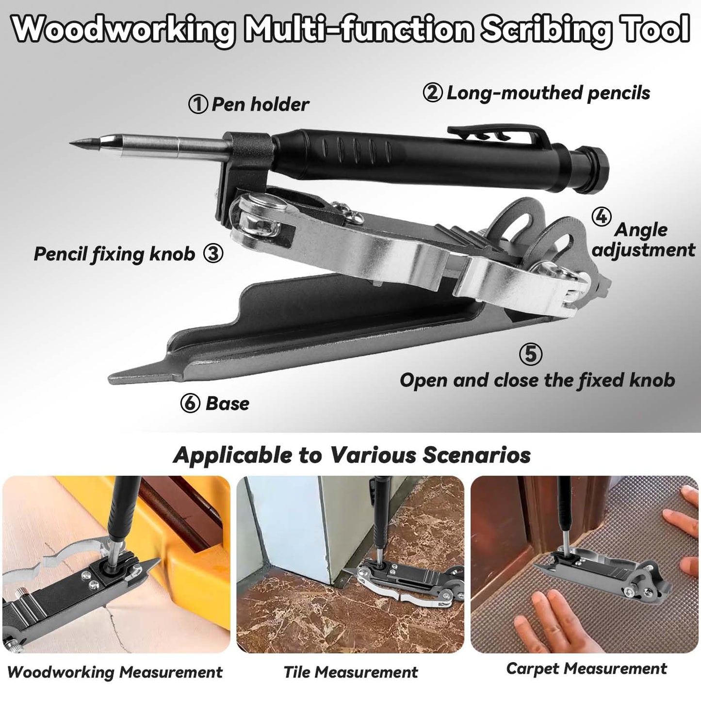 YAKAMOZ Multi-function Scribing Tool with Deep Hole Construction Pencil, Aluminum Alloy Carpenter Woodworking Compass Scriber Precise Contour Scribe Marking Tools