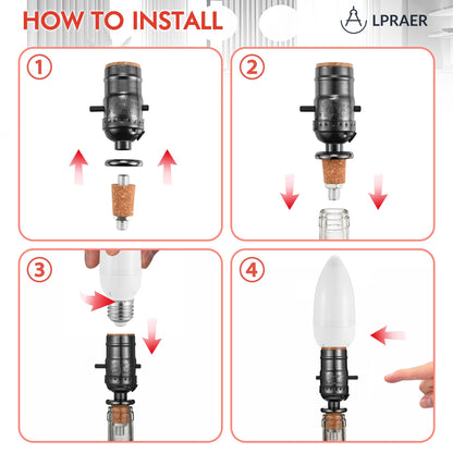 Lpraer 2 Set DIY Wine Bottle Lamp Kit with E26 LED Light Bulbs for Liquor Bottle, w/Glass Drill Bit and Lid, Black Cord w/Lamp Socket, 3 Size Tapper Cork (W/ 2 Flame Effect Light Bulbs)