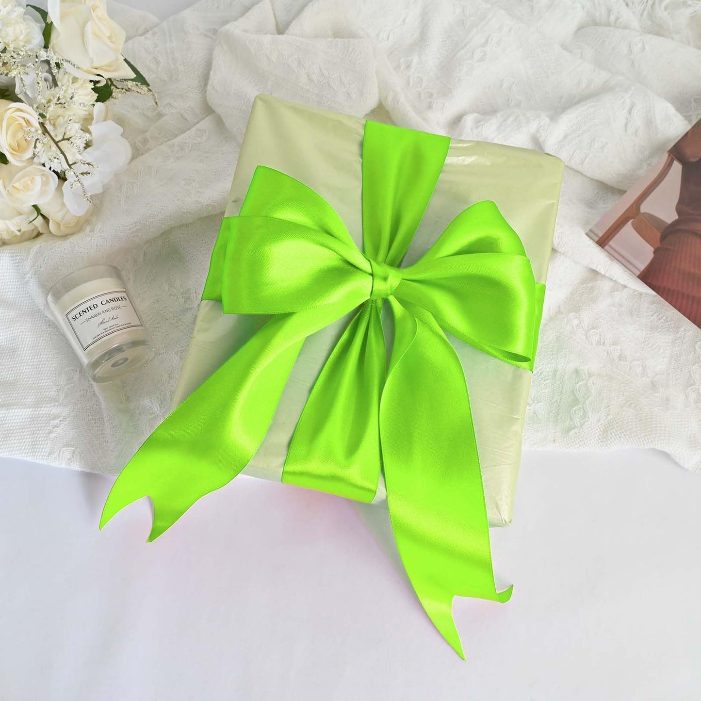 Simplegoal Double Face Lime Green Satin Ribbon 2 Inch X 50 Yards Polyester Ribbons for Gift Wrapping Fabric Ribbon for Crafts Flower Bouquet Sewing Arts Wedding Party Decoration…