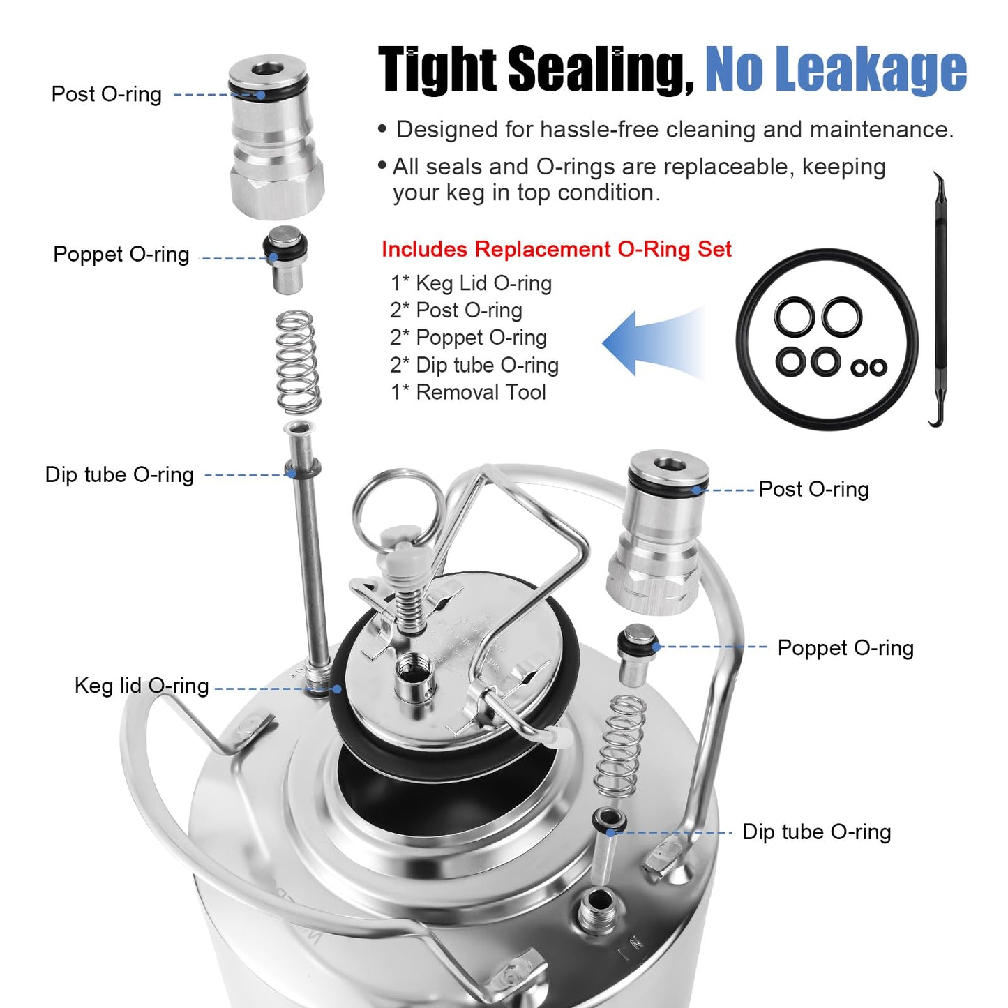 MRbrew New 2.6 Gallon Ball Lock Keg, Stainless Steel Beer Keg with Two Ball Lock Keg Fittings & Gasket Set, Double Ball Lock Post Corny Keg For Draft, Homebrew, Craft Beer, Cold Brew Keg for Party