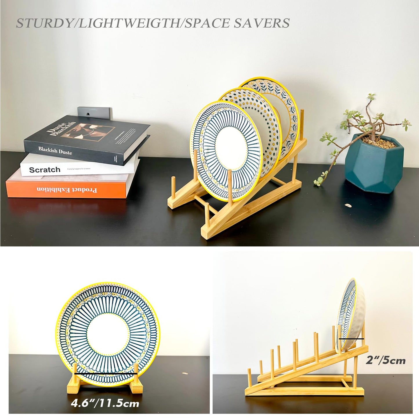 SRYESA 2 Pack Plate Stands For Display,Wooden Plate Holders for Displaying,5-Tier Craft Show Display Stands For Tabletop Book, Artwork, Photo, Puzzle, Magazine and Platter