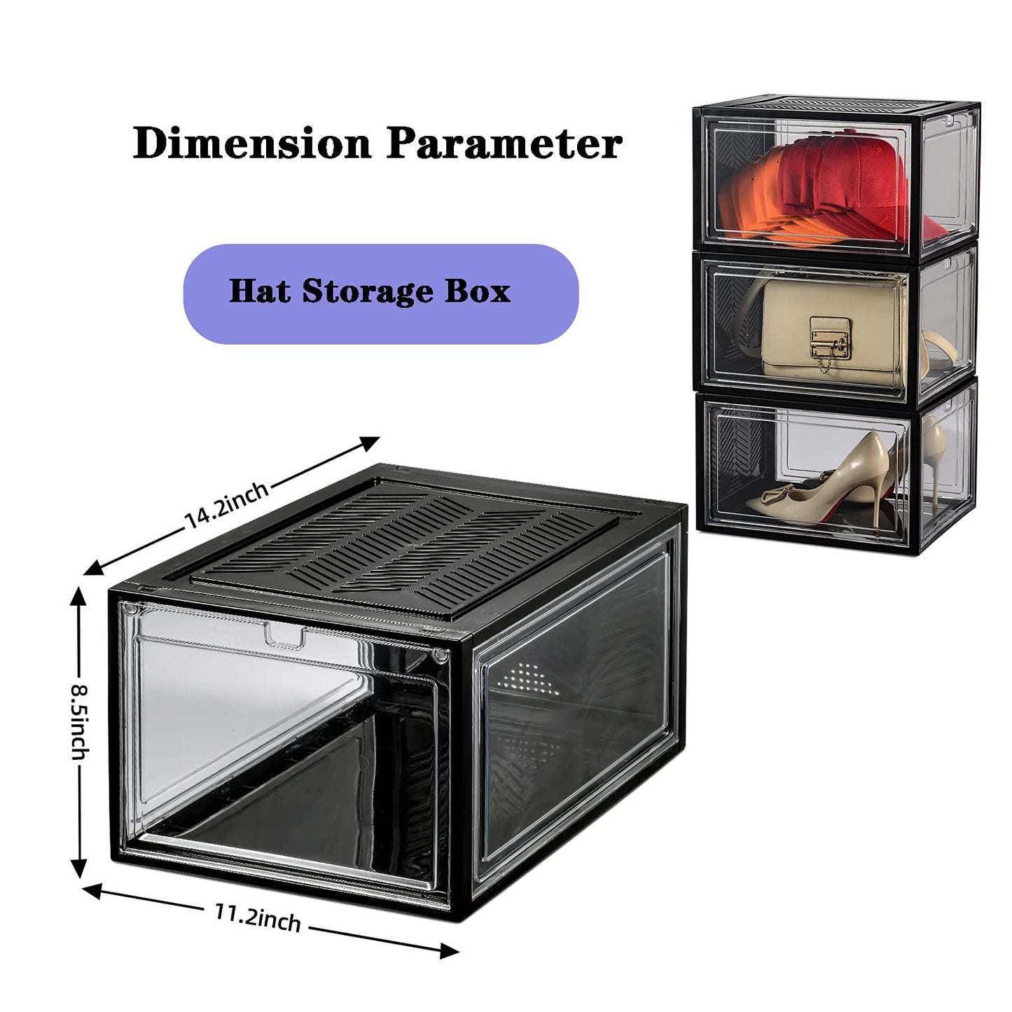 starogegc Hat Organizer Box for Baseball Caps, 3Pack Clear Plastic Hat Storage with Magnetic Door, Baseball Cap Organizer, Hat Holder, Hat Case, Hat Box(X-Large)-Black&Clear