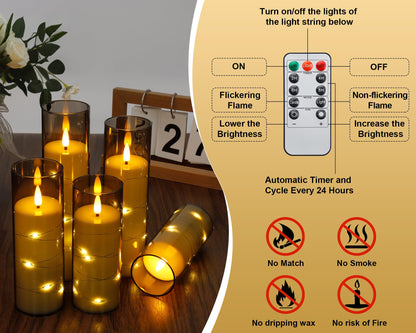 Enido Flameless LED Candles with Remote & Timer, Battery Operated Acrylic Pillar Set, 5 Pc Flickering Electric Lights with Embedded Star String for Cozy Home & Holiday Romantic Decor (Grey)