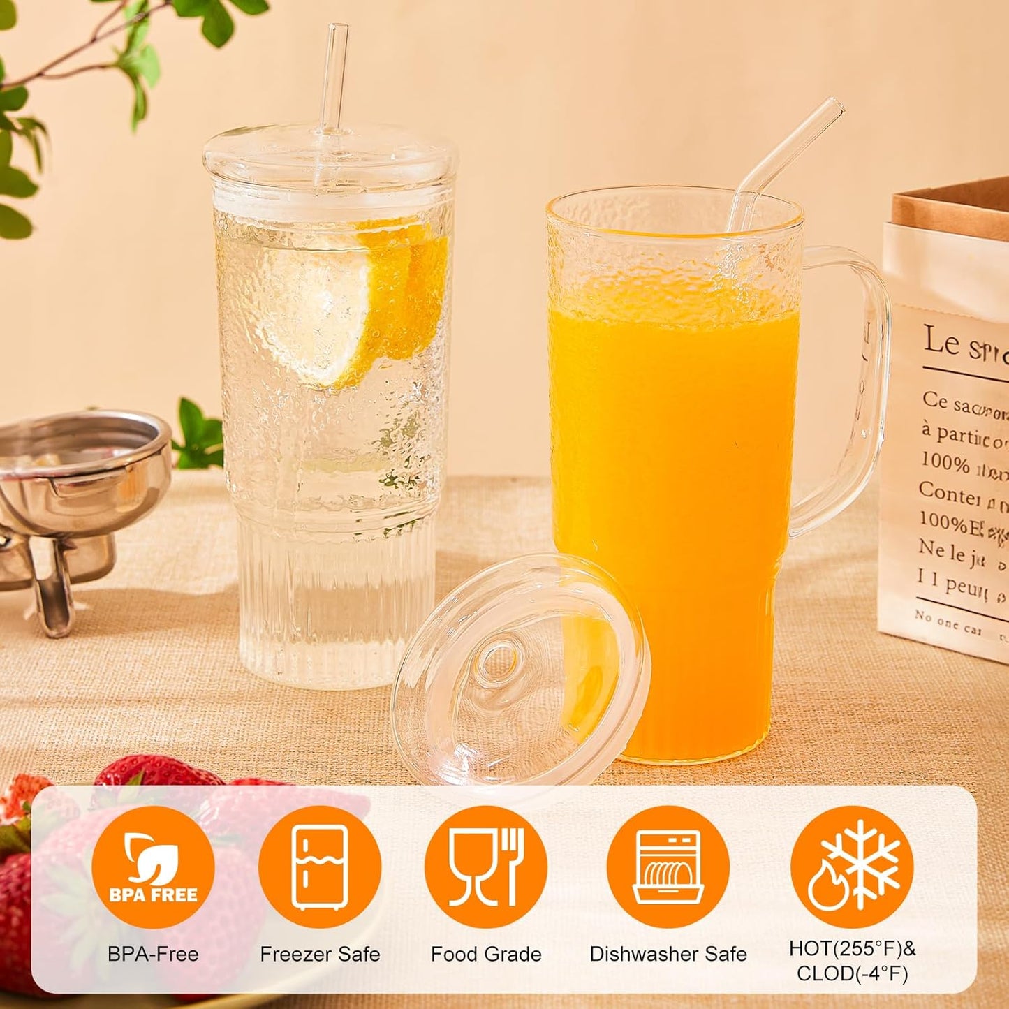 24oz 2 Pack GOSCHE Glass Cups with Lids and Straws, Clear Iced Coffee Cups with Handle, Glass Tumbler with Straw