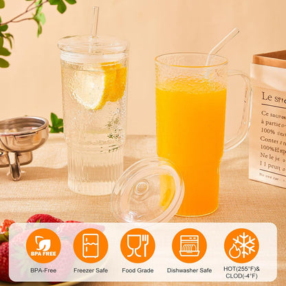 24oz 2 Pack GOSCHE Glass Cups with Lids and Straws, Clear Iced Coffee Cups with Handle, Glass Tumbler with Straw