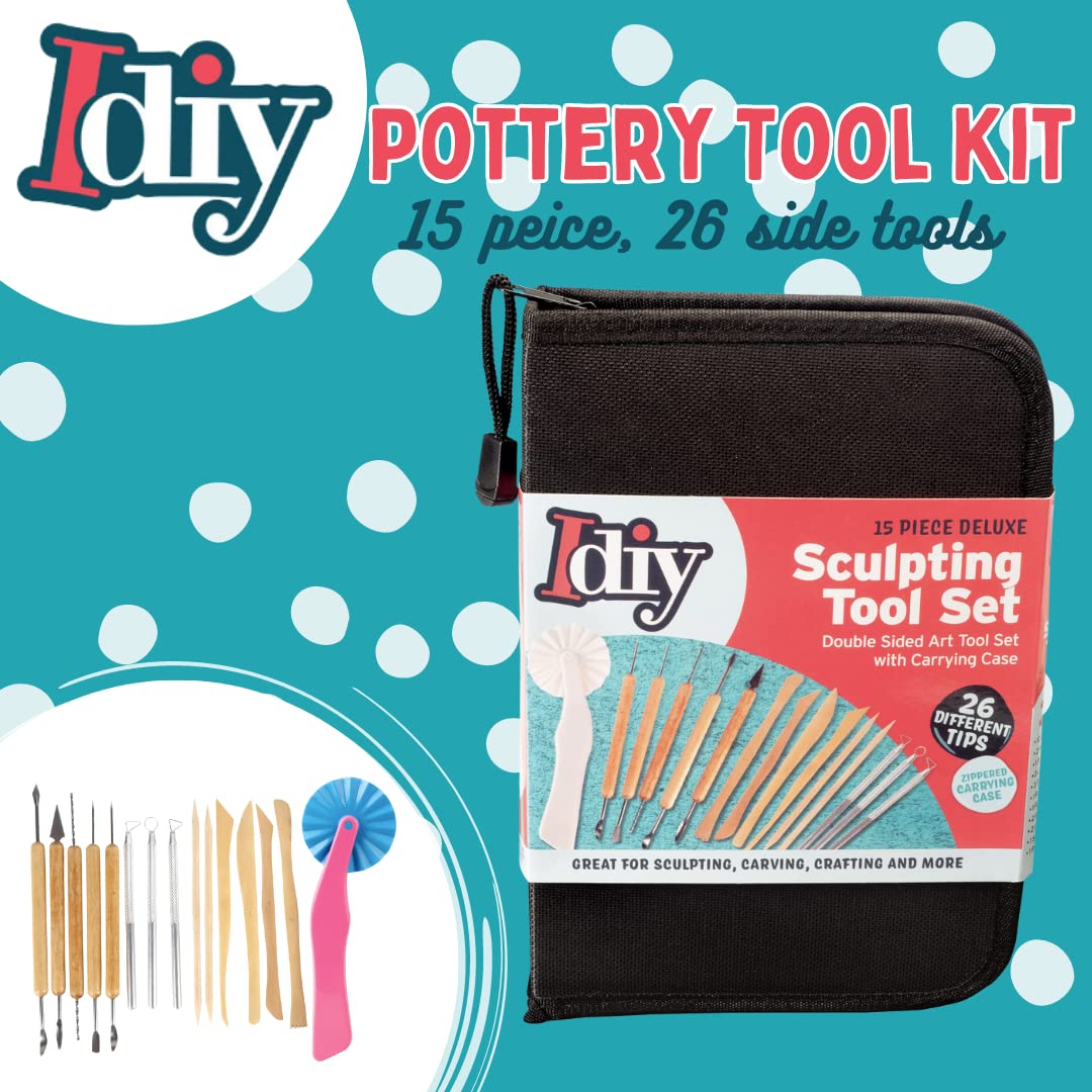 Pottery Tool Starter Kit- 15-Piece 26-Tool Beginner's Clay Ceramics Modeling Carving Sculpting Set- Arts & Crafts School Project, w Carrying Case, Birthday Gift for Kids, Gift Set for Artists