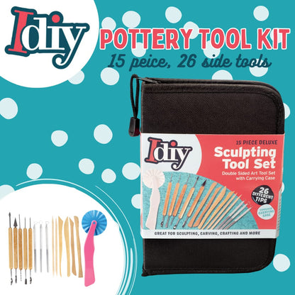Pottery Tool Starter Kit- 15-Piece 26-Tool Beginner's Clay Ceramics Modeling Carving Sculpting Set- Arts & Crafts School Project, w Carrying Case, Birthday Gift for Kids, Gift Set for Artists