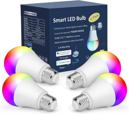 OHLUX Smart Light Bulbs, Color Changing LED Bulbs for Alexa and Google Assistant, 2.4GHz WiFi and Bluetooth with Music Sync, E26 A19, 120V, 4 Pack