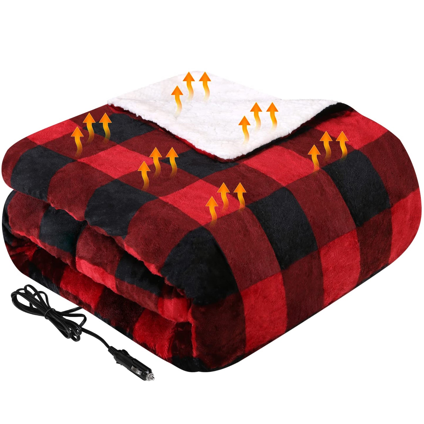 Westinghouse Heated Car Blanket, 12-Volt Electric Blanket for Car, Truck, SUV, RV, Portable Heated Throw for Camping, Grey Buffalo Plaid, 59" x 43”