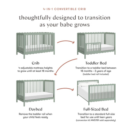 Babyletto Swell 4-in-1 Convertible Crib with Toddler Bed Conversion Kit in Light Sage, Greenguard Gold Certified, Made of 100% Solid Wood
