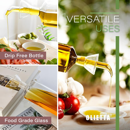 Olietta Olive Oil Dispenser Bottle Borosilicate Glass - 17 oz 500ml Non Drip Dispenser - Leak Proof Pourer Vinegar Drizzler Cruet - Easy Clean Drip Free Bottles for Kitchen