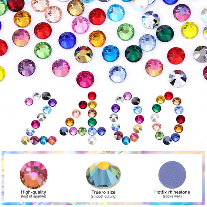 24 Colors Hotfix Rhinestones Kit, SS30 Glass Flatback Crystals for Clothes, Hats, Shoes & Crafts with 4 Tools, Tweezers, Wax, Pencil, Spoon hot fix kit（Color B）