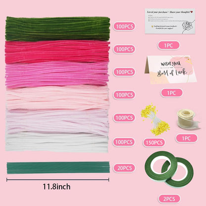 AHAMETON 620-Piece Pink Pipe Cleaner Craft Kit - 6 Pastel Shades Chenille Stems with Floral Wire for DIY Wedding Bouquets, Mother’s Day Gifts & Party Decorations
