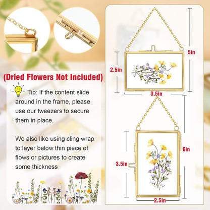 FOCHIER F 4 Pcs Pressed Flower Frame with Tweezers, Wall Hanging Tabletop Display Double Glass Frames with Metal Chain for Pressed Dried Flowers Plants, Horizontal and Vertical Picture Frame,Gold, FRAMES ONLY