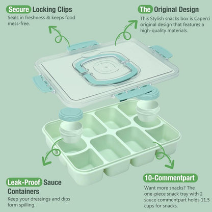 Caperci Original Snackle Box Container - 10-Compartment Divided Snack Serving Tray with Lid & Handle, Built-in 2 Dressing Containers, Leak-Proof, Dishwasher Safe, BPA-Freen (Mint Green)