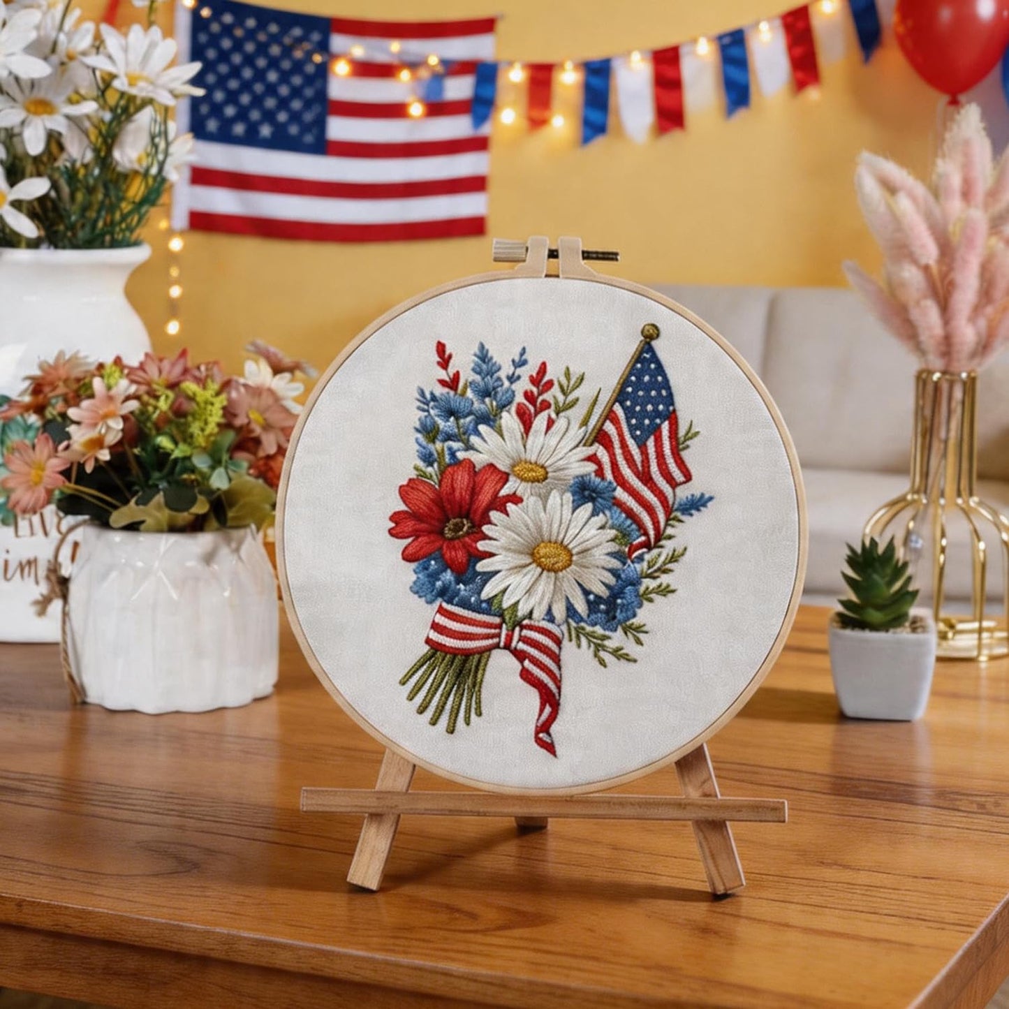 BBLYBD 4th of July Embroidery Kit, 4 Set Patriotic Cross Stitch Craft Kits for Beginners with Pre-Printed Embroidery Fabric, Hoops, Step-by-Step Instructions, Color Threads & Needles (Red White Blue)