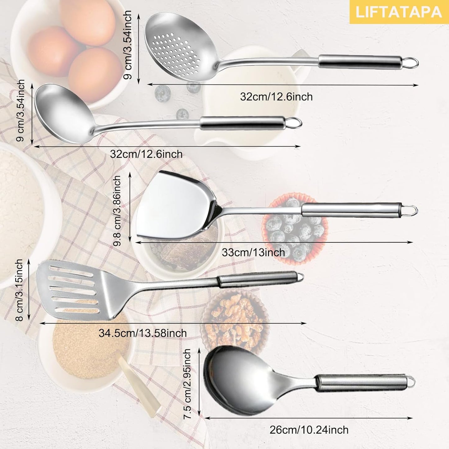 5Pcs Stainless Steel Cooking Utensils Set, Heat Resistant Wok Utensils Include Slotted Spoon, Spatula, Large Spoon