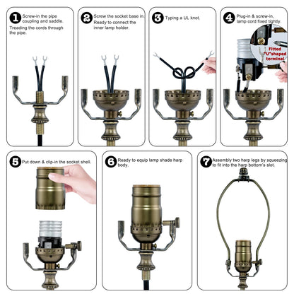 Lamp Rewire Kit - 3-Way Socket With Matching Cord and Harp Set for Table or Floor Lamp Repair, Essential Hardware for DIY Design (Antique Brass, 1)