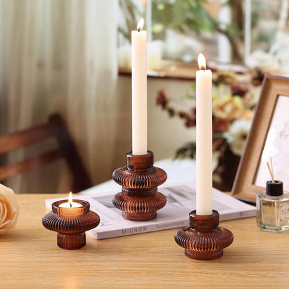Taper Glass Candlestick Holders Tealight Candle Holders for Table Centerpieces, Fall Wedding Decor and Dinner Party Thanksgiving Christmas Decor (8 Pcs, Brown)