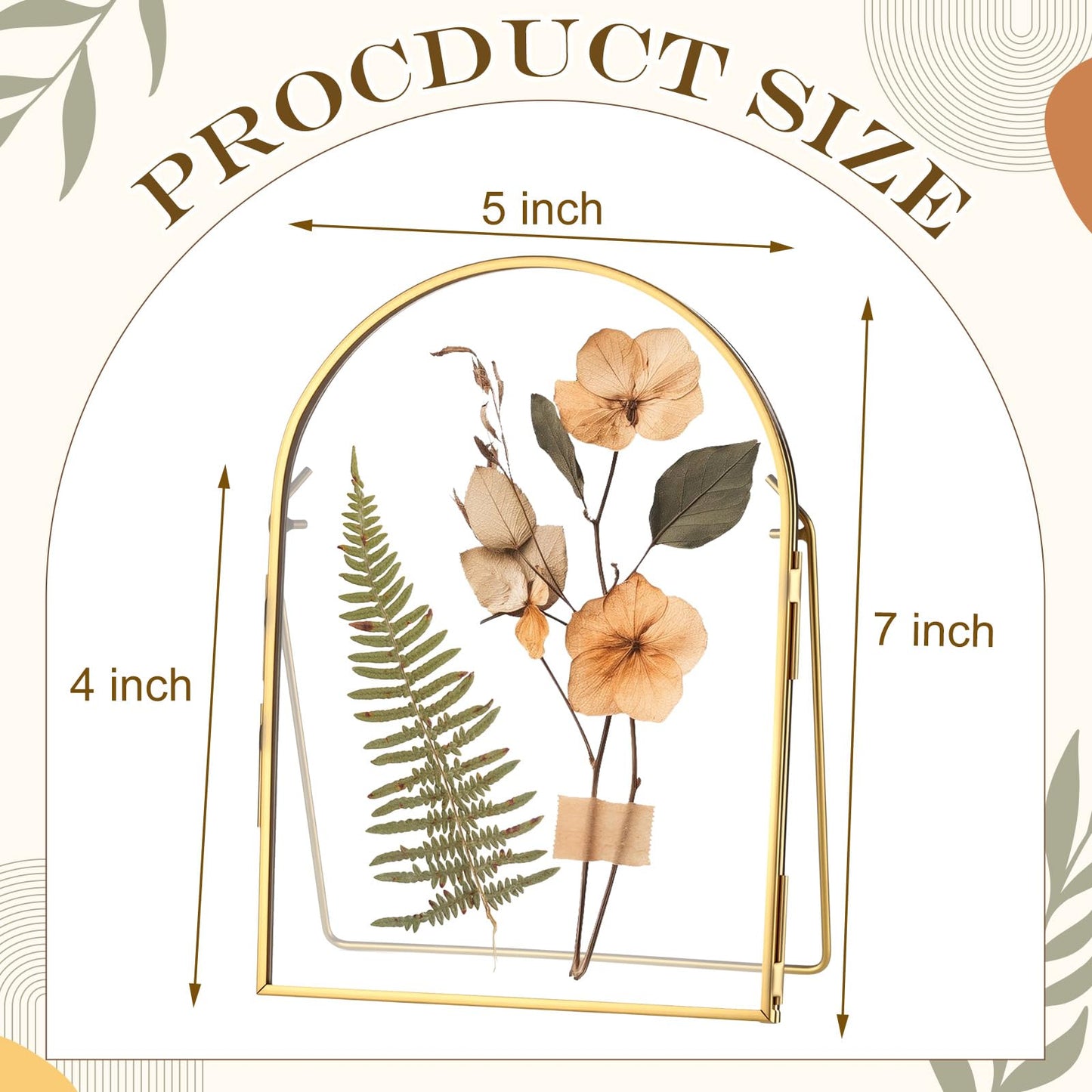 Vicenpal 4 Pcs 5 x 7 Inch Double Glass Frame for Pressed Flowers Vintage Metal Gold Floating Picture Frames Minimal Vertical Arched Photo Stand for Desk Tabletop Display (Gold)