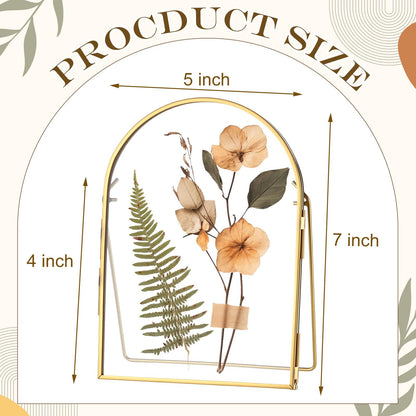 Vicenpal 4 Pcs 5 x 7 Inch Double Glass Frame for Pressed Flowers Vintage Metal Gold Floating Picture Frames Minimal Vertical Arched Photo Stand for Desk Tabletop Display (Gold)