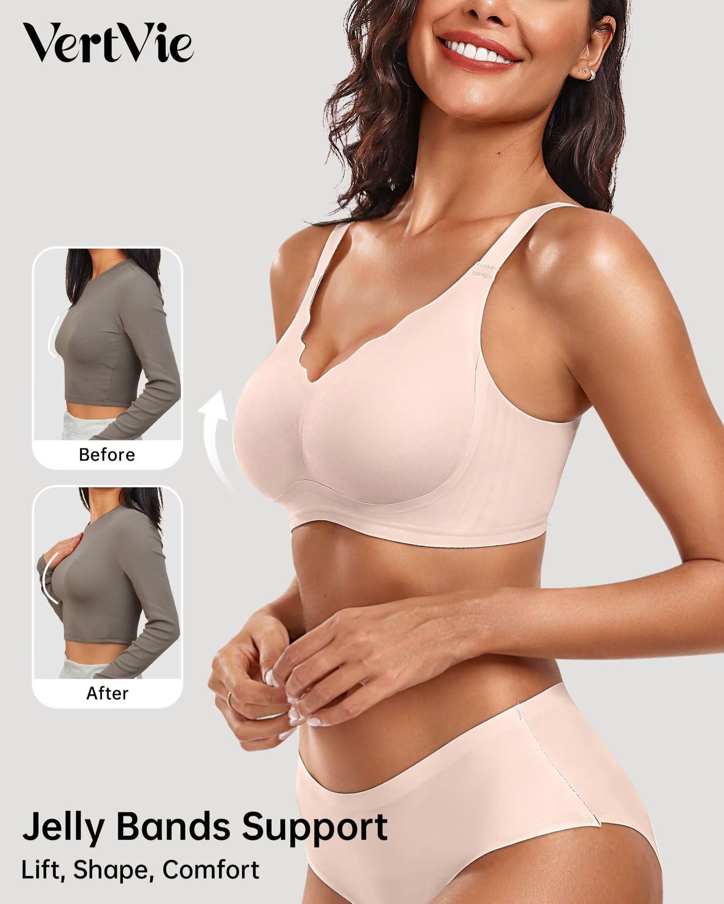 Vertvie Womens Seamless Bras No Underwire Supportive Wireless Push Up Full Coverage Bralette Comfort Scalloped T-Shirt Bra(Skin,Medium)