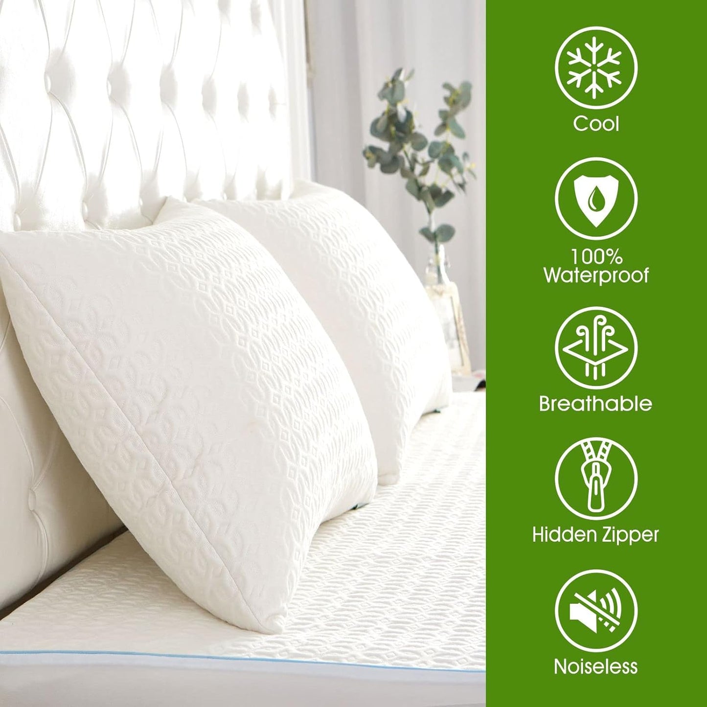 Waterproof Pillow Protector with Zipper, Bamboo Derived Rayon Pillow Covers, Queen Cooling Pillow Case Cover, Set of 2