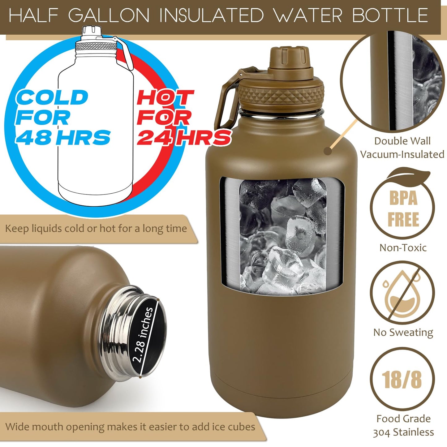 DEFUNX Half Gallon Water Bottle with Sleeve - 64 Oz Insulated Water Jug with Handle - Green Stainless Steel Sports Water Bottle for Gym Workout Hiking Tactical Bottle Holder with Pouch Khaki