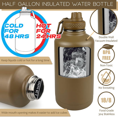 DEFUNX Half Gallon Water Bottle with Sleeve - 64 Oz Insulated Water Jug with Handle - Green Stainless Steel Sports Water Bottle for Gym Workout Hiking Tactical Bottle Holder with Pouch Khaki