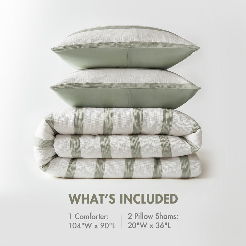 Madison Park Essentials Striped Comforter Set King Size, Yarn-Dyed Reversible Comforter with Minimalist Stripes, Crinkled Texture Bedding Set for All-Season Lightweight Warmth, Merritt Sage Green