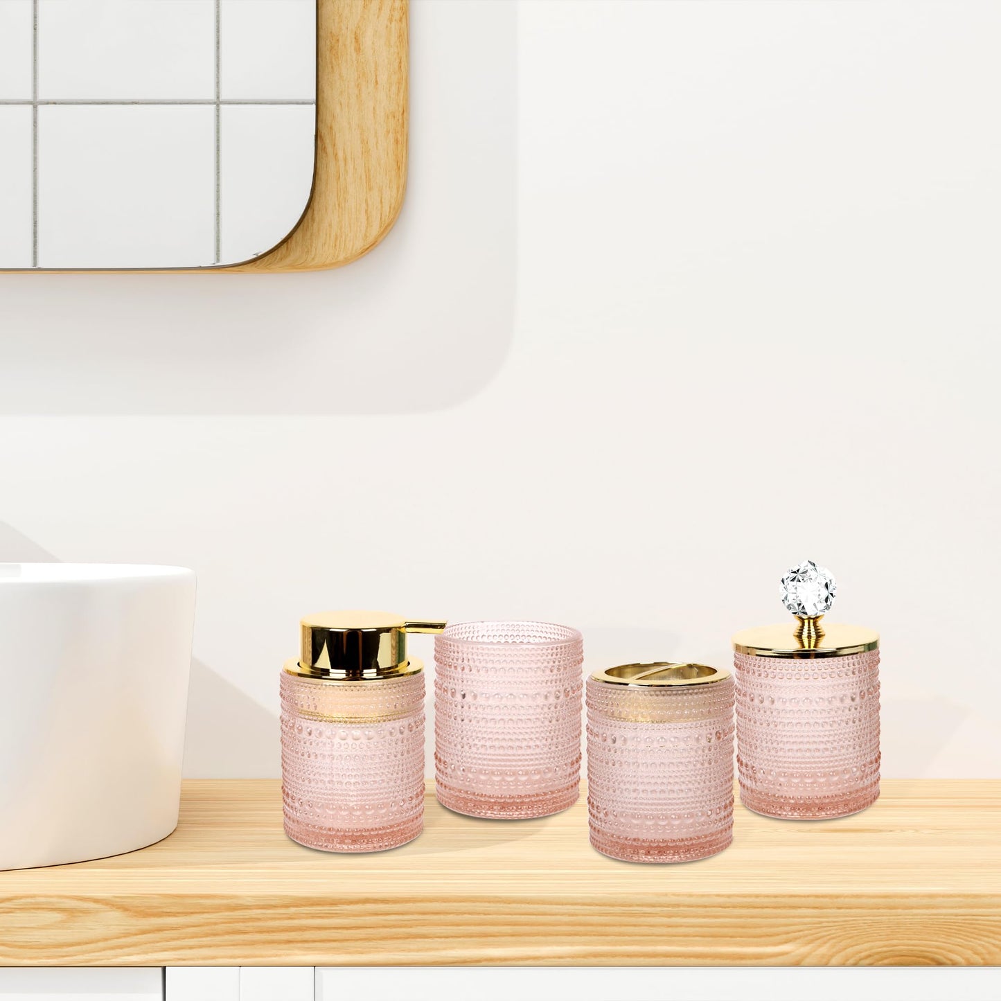 FEILANDUO Bathroom Accessories Set,4Pcs Glass Bathroom Accessories,Vanity Bathroom Decor, Soap Dispenser, Toothbrush Holder Set, Apothecary Jar, Gift for Home Apartment (Pink)