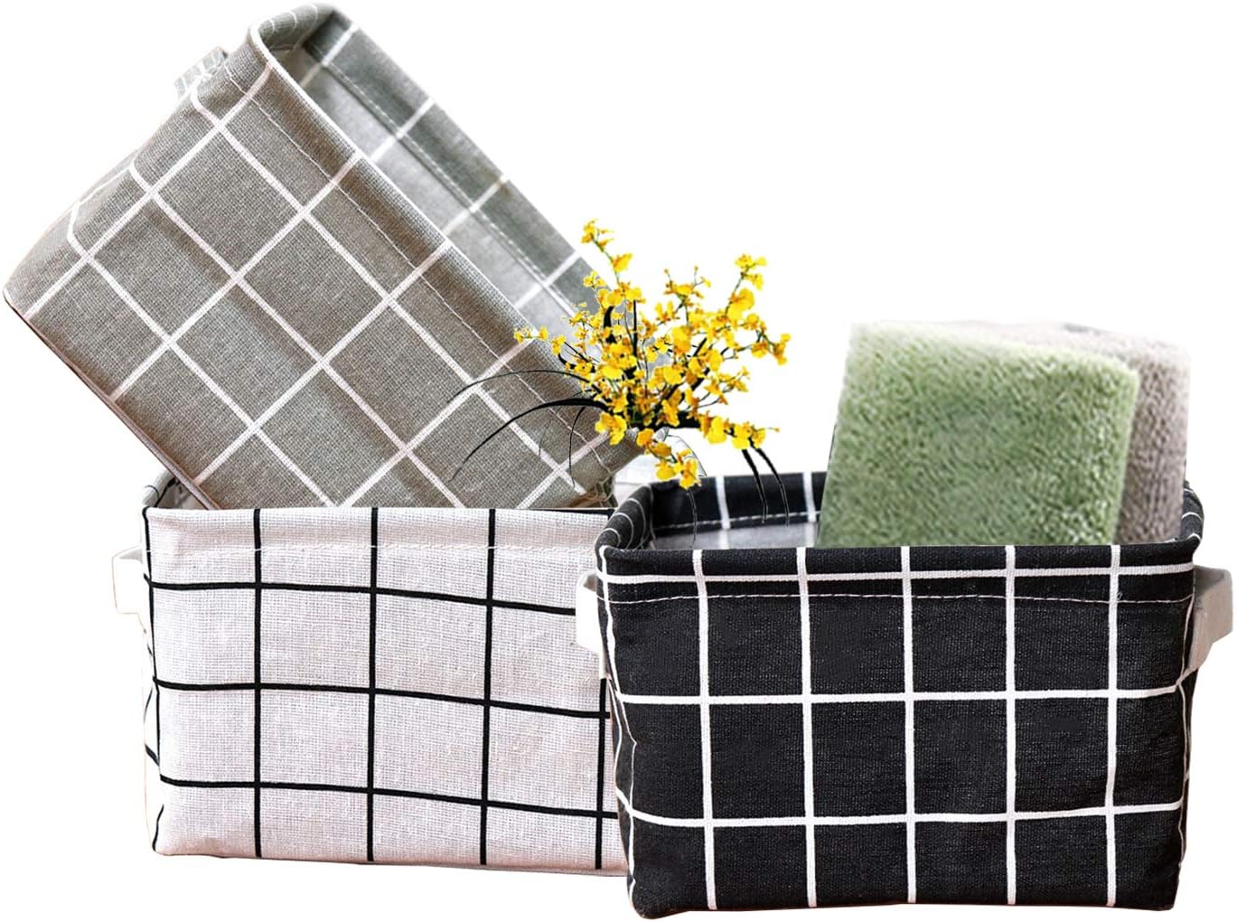 AARAINBOW 3 Packs Storage Basket Bins | Canvas Mini Storage Cubes for Makeup, Baby Toys, Books | Black+White+Gray