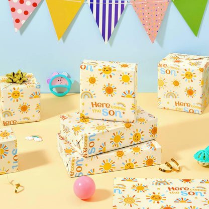 WERNNSAI Baby Sun Wrapping Paper - 6 Sheets 19.7” x 27.5” Baby Shower Wrapping Paper Boy Yellow Sunflower Paper Boho Design for 1st Birthday Gift Wrap Supply