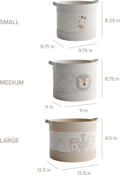 Set 3 RGI Home Decorative Storage Baskets with Safari Animal Prints of Round Fabric Rope and Linen Organizer Bins