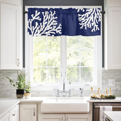 Navy Blue Coral Farmhouse Short Window Curtain Valances, 1 Panel Coastal Nautical Rod Pocket Kitchen Valances