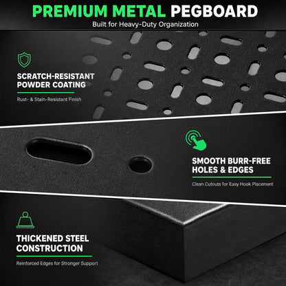 DHLANROY 12x16 Inch Metal Peg Board Panels 4-Pack, Heavy Duty Pegboard Wall Organizer for Garage, Kitchen, Home Office, Craft Room & Retail Display-Modular Black Storage System with Mounting Hardware