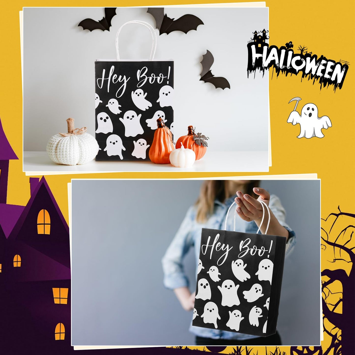 Chiisong 24 Pcs Halloween Hey Boo Ghost Paper Gift Bags with Handles Medium White Ghost Party Favor Bags for Halloween Home Table Party Supplies