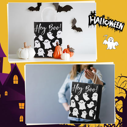 Chiisong 24 Pcs Halloween Hey Boo Ghost Paper Gift Bags with Handles Medium White Ghost Party Favor Bags for Halloween Home Table Party Supplies