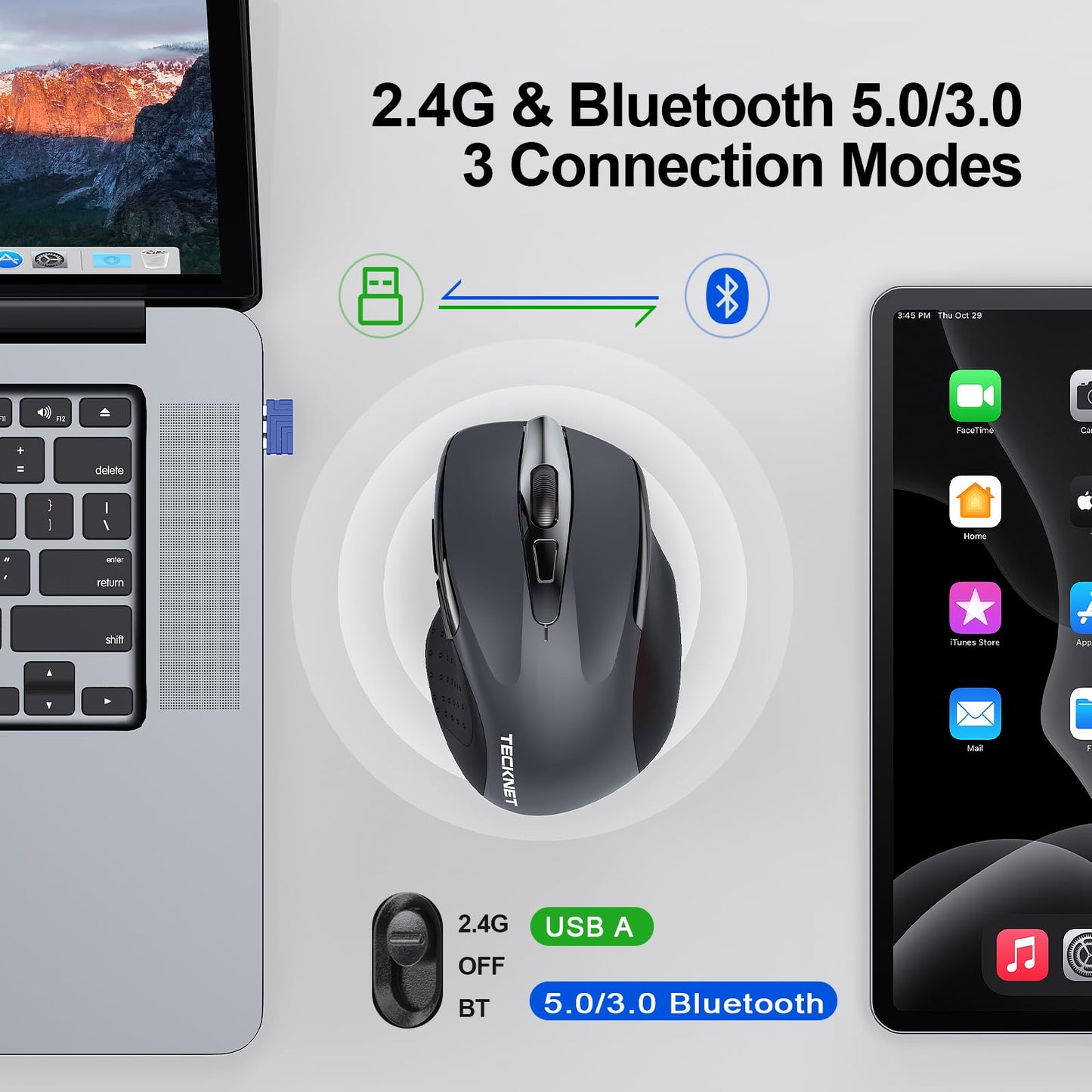 TECKNET Wireless Mouse (BT5.0/3.0 & 2.4G) Rechargeable 4800 DPI Silent USB A & Bluetooth Mouse 6 Buttons, Wide Compatibility - Grey