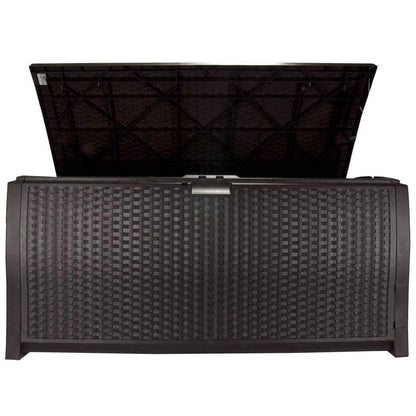 Suncast 99 Gallon Plastic Wicker Deck Box Container Storage for Garden, Garage, Home, Pool, Indoor and Outdoor Use, Mocha (2 Pack)