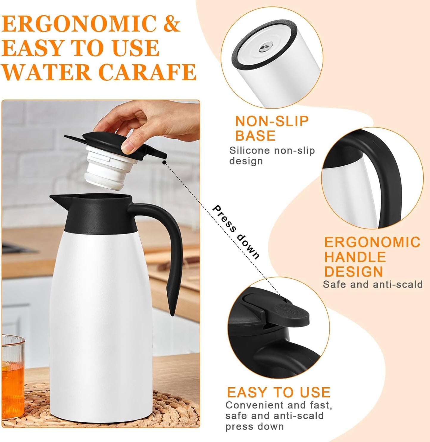 Norme 2 Pcs 68 oz Insulated Stainless Steel Thermal Coffee Carafe for Hot Liquids, Black and White