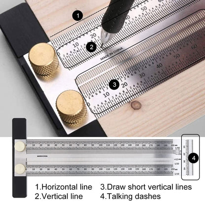 Smgda Precision Marking T-Rule Stainless Steel T Square with Mechanical Pencil & 0.5mm Refill Scribing Line Ruler for Marking or Measuring, for Carpenters, Designers, Architects, Engineers 200mm