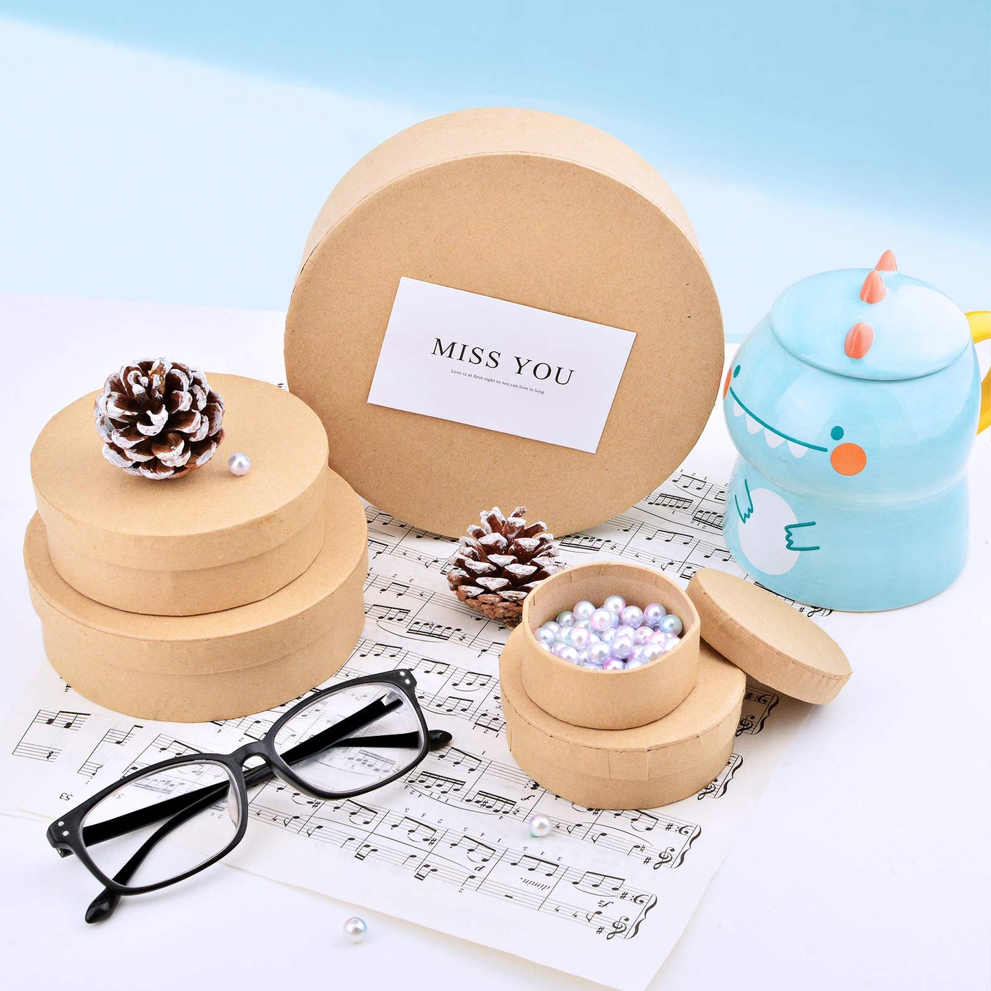 WANDIC Kraft Paper Boxes, 5 Pcs 5 Assorted Size Round Mini Nested Boxes with Lids,Large to Small Stackable Gift Boxes for Wedding Birthday Perfume Jewelry DIY