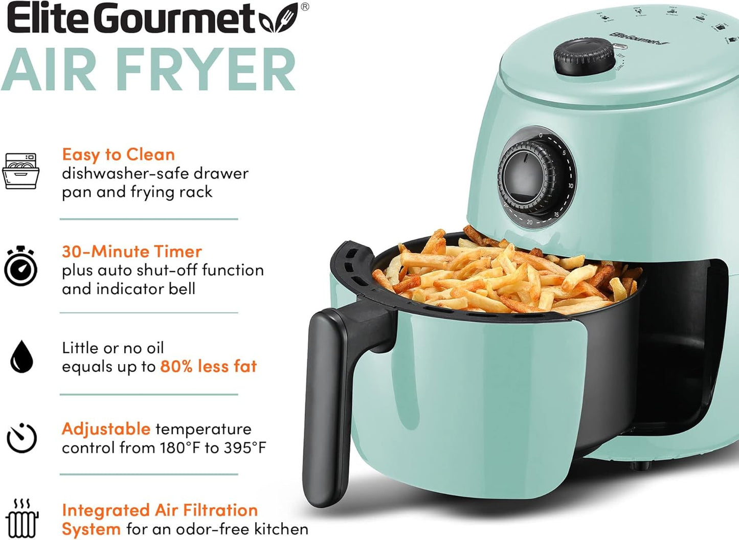 Elite Gourmet EAF0201BLX Personal Compact Electric Hot Air Fryer | Oil-Less Healthy Cooker, 1000W, 2.1 Quart