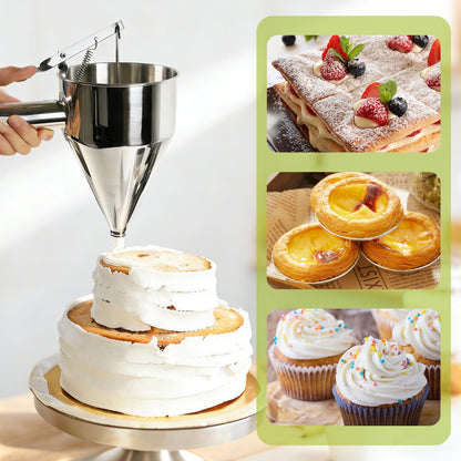 Lyhubmh 40oz Stainless Steel Pancake Batter Dispenser, Pancake Dispenser with Stand and Squeeze Handle, 4 Interchangeable Nozzles for Pancakes, Cupcakes, Waffles and Baked Goods