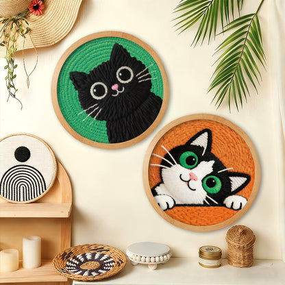 BEUNITONE 2Pcs Cute Cat Punch Needle Kit for Beginners, Starter Embroidery Kits with Frame & Instructions, Needle Felting Kit Poke Art for Adults DIY Handmade Craft for Coasters, Bags, Clothes Decor